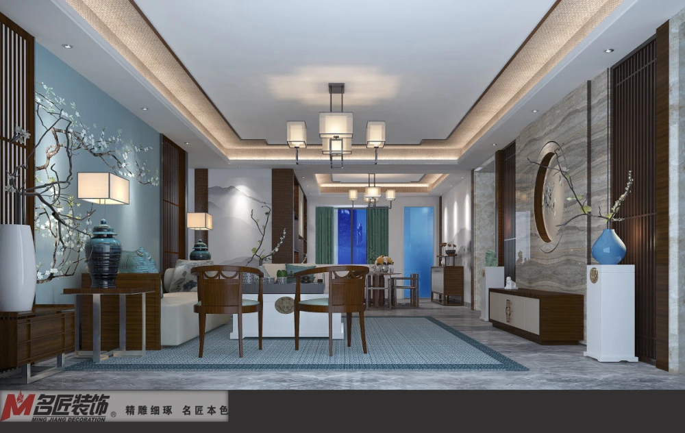 中海龙湾国际实例，250平米的二居室，质感与时尚并存的中式风装修。