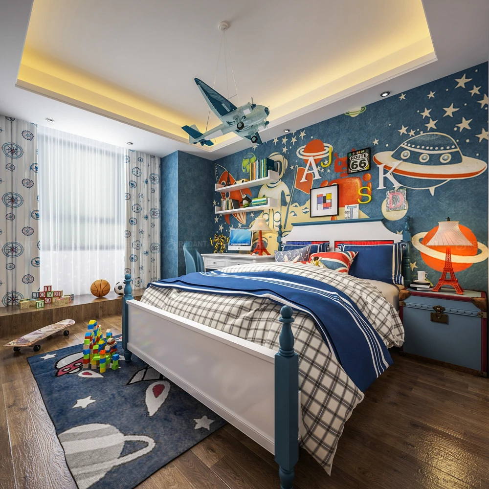 儿童房色彩活泼,装饰清新,主要使用了墙纸,艺术漆.