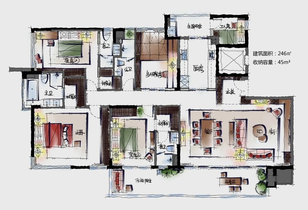 142平米三居室设计说明，40万元装修的现代风格有什么效果？-万达华府装修