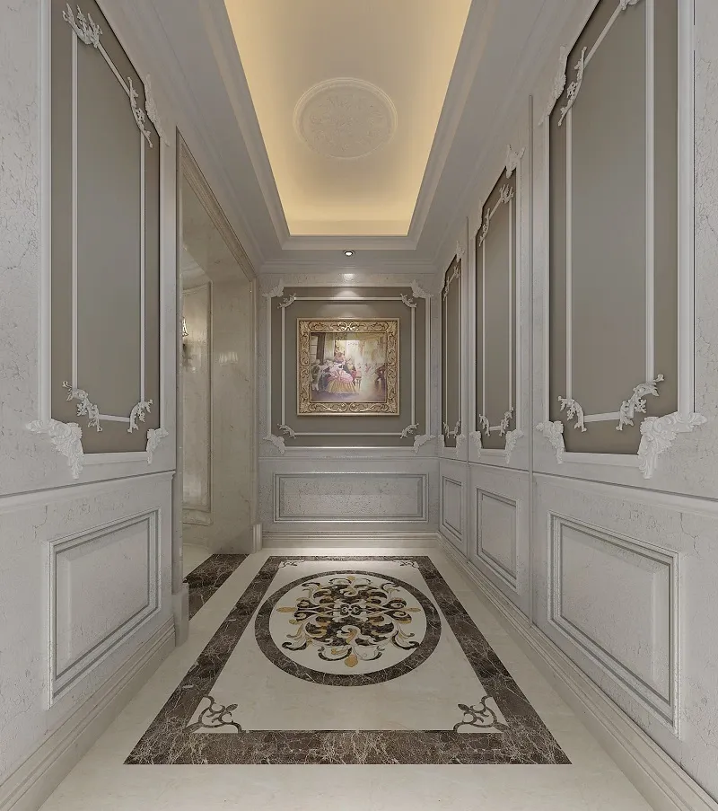 墙面护墙板装饰,地面大理石拼花造型,,门厅高端大气.