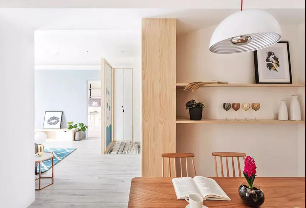 马卡龙色北欧风格装修效果，两居隔出三居室。