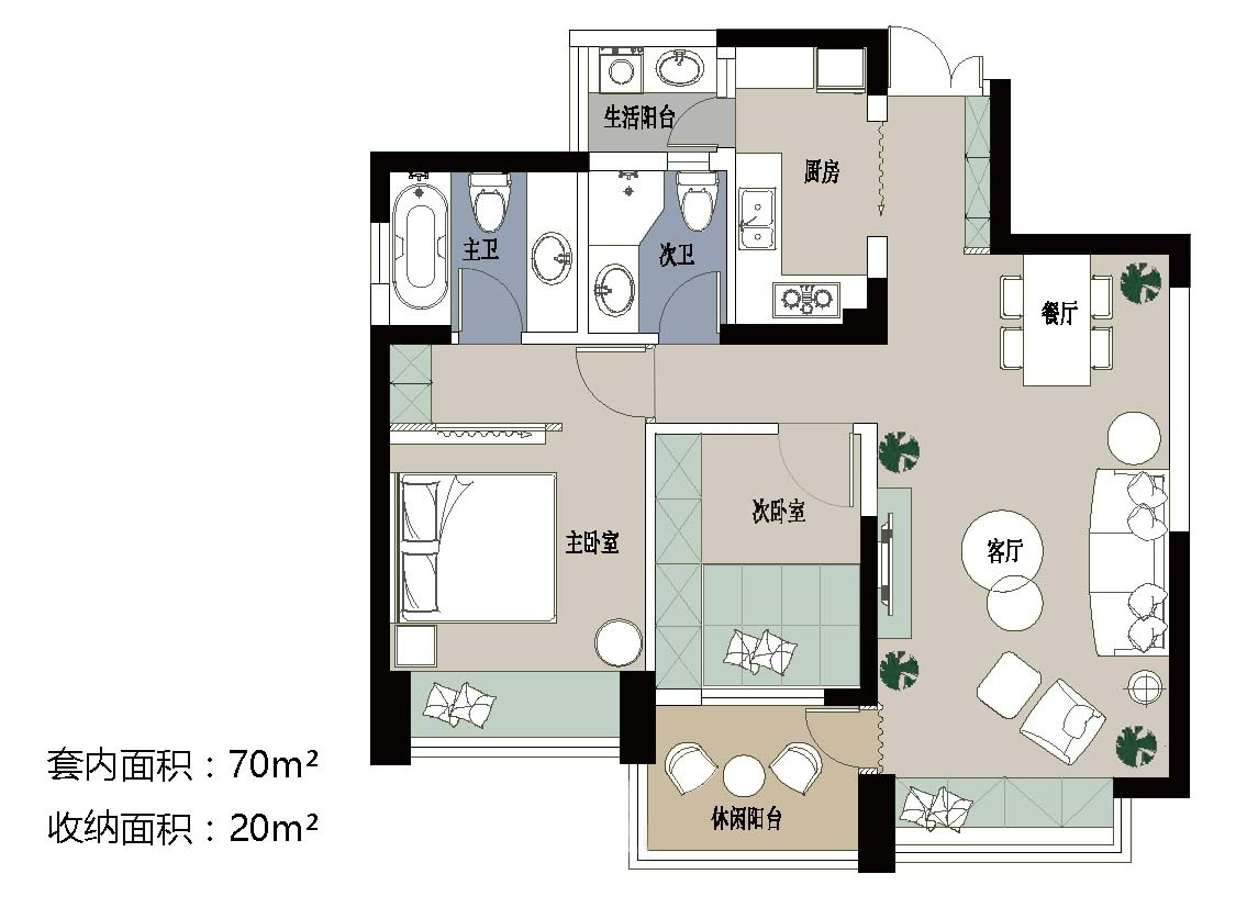 原始平面图    房屋面积:70㎡ 户型格局:2室1厅1厨2卫 项目风格:北欧