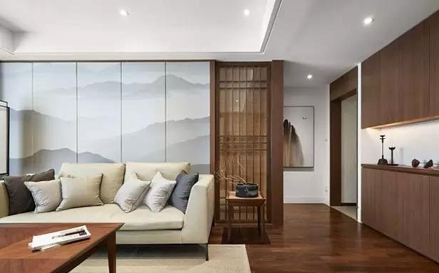 140㎡中式风格三室两厅，沙发背景墙上的水墨