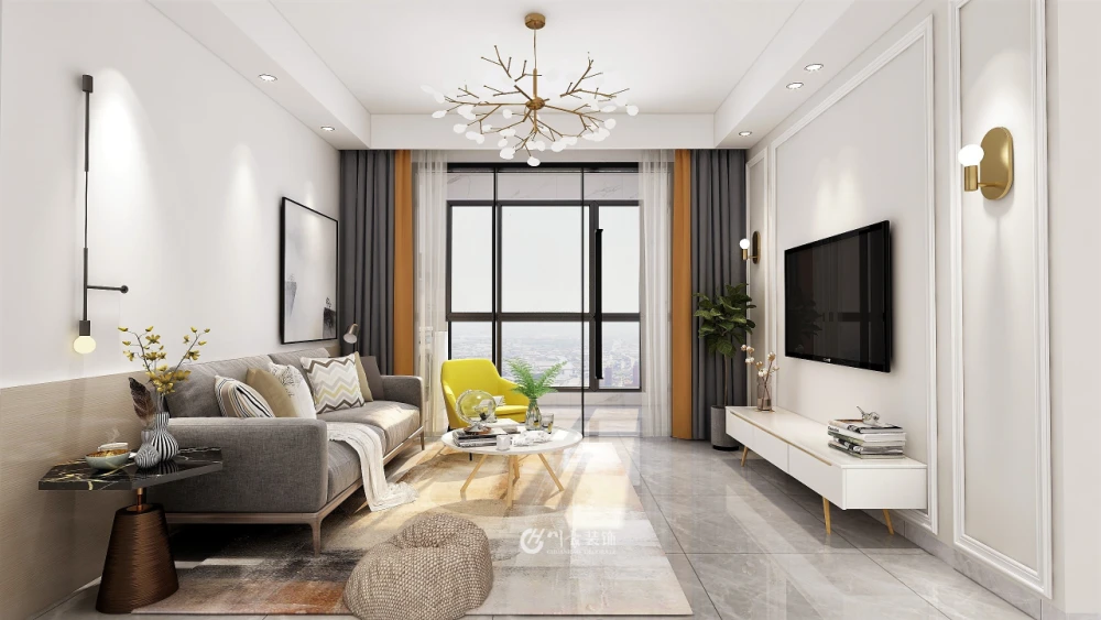 客厅空间,没有做过多复杂设计,北欧风的温馨和现代感的吊顶线条,让