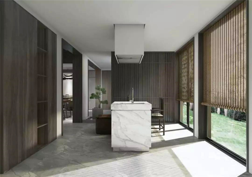 中式，挑高客厅配以山水壁纸，意境与气质十足！