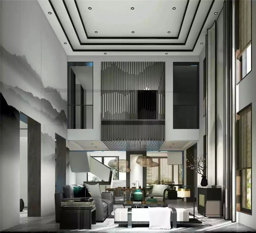 中式，挑高客厅配以山水壁纸，意境与气质十足！