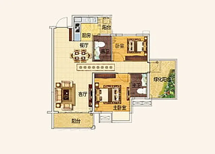 大嘉汇康悦91平米两居室简美风格户型图