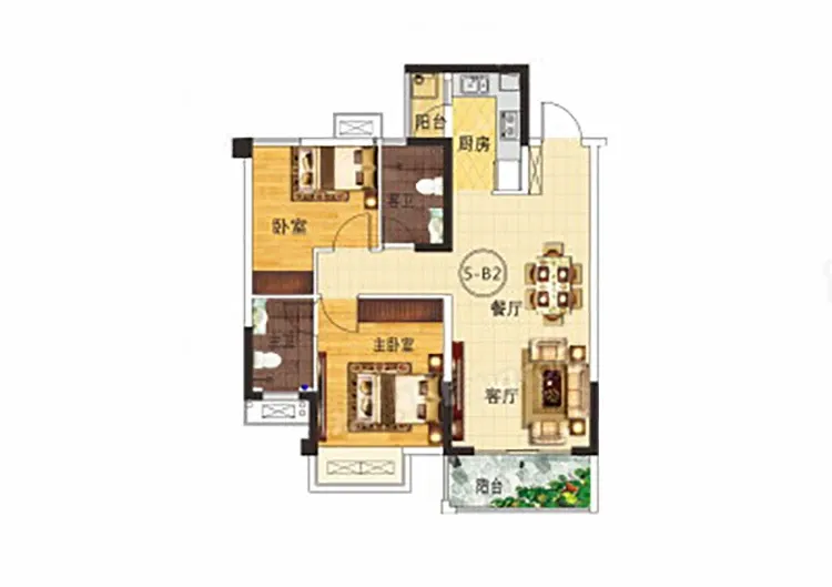 大嘉汇康悦89平米两居室现代简约风格户型图