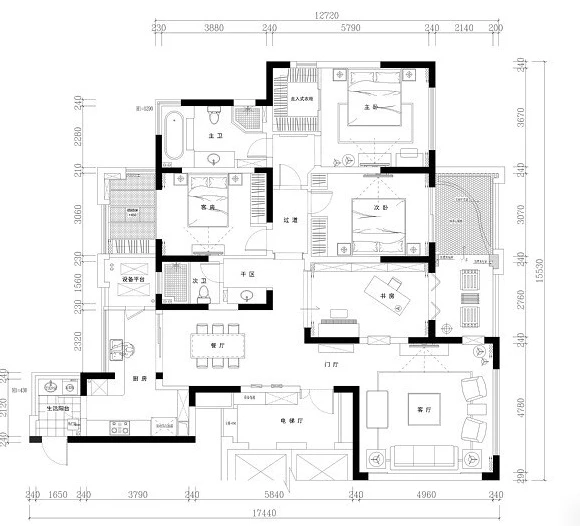 新中式风格-四居室装修效果图