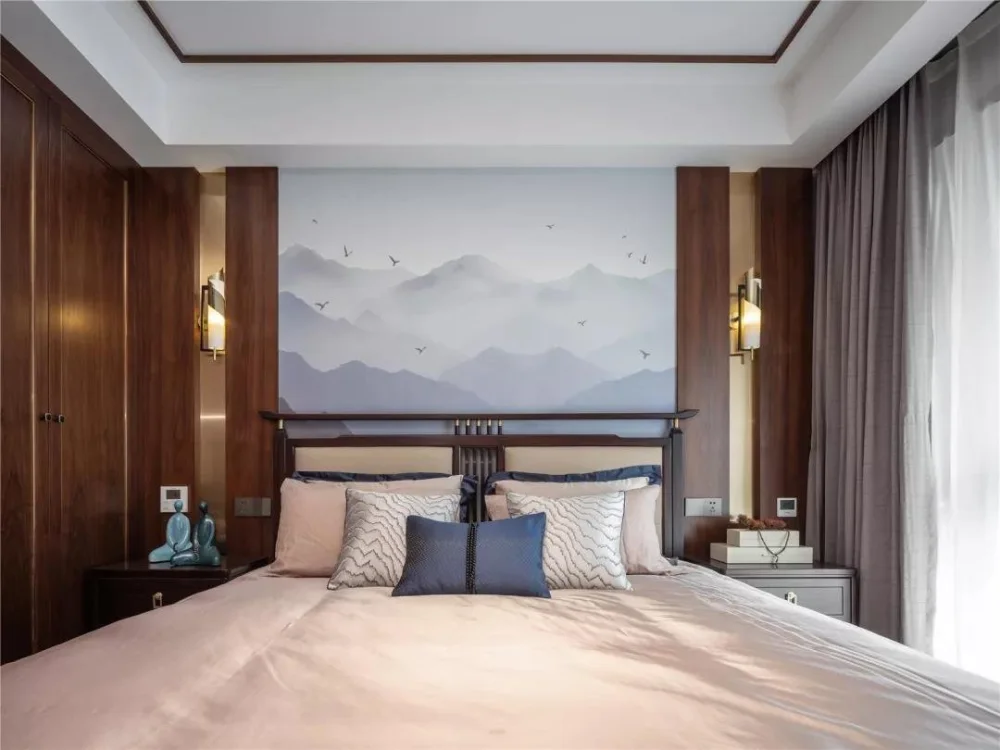 新中式三室122㎡ 硬包背景墙，木饰面板