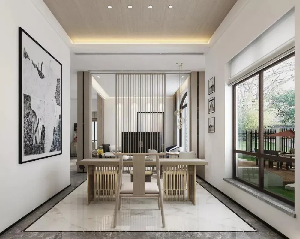 书房顶面选用木饰面板吊顶,木饰面与背景格栅搭配相辅相成,黑白画渲染