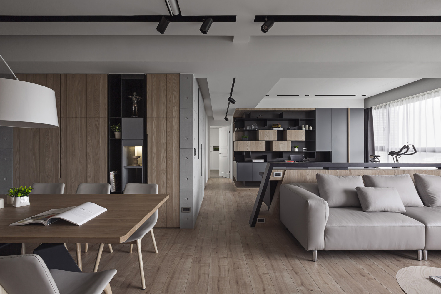融创城三居室，现代风格设计，简约黑白灰色调。
