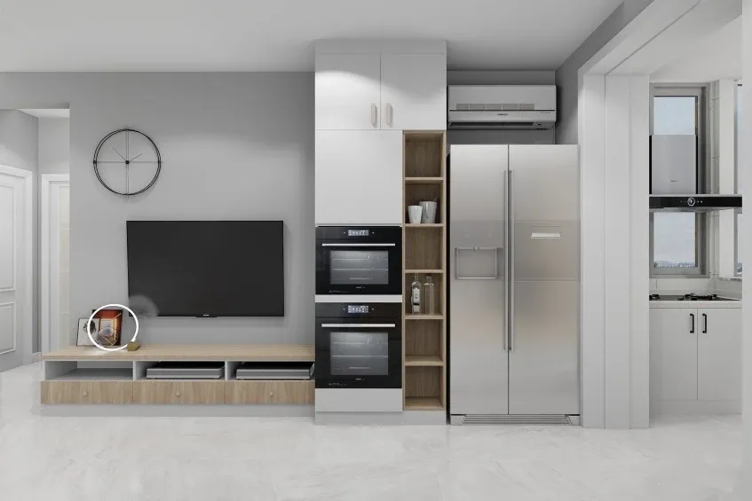 将原本电视墙的位置改装成储物柜,用来放置厨房电器和冰箱,节省了原本