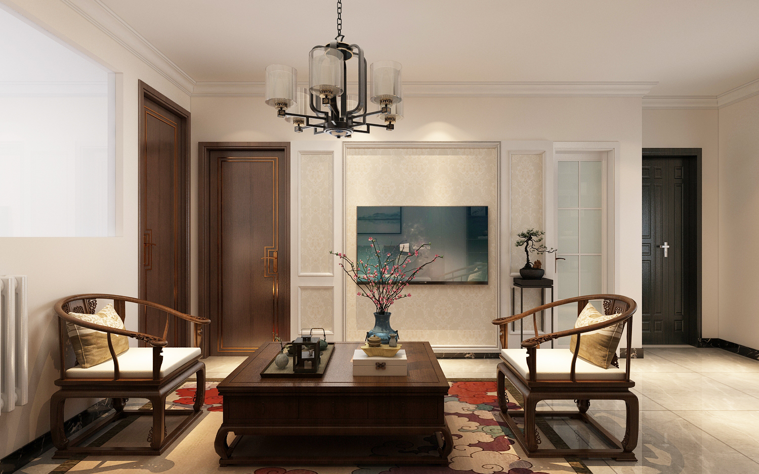 107平米二居室设计说明，7万元装修的中式风格有什么效果？