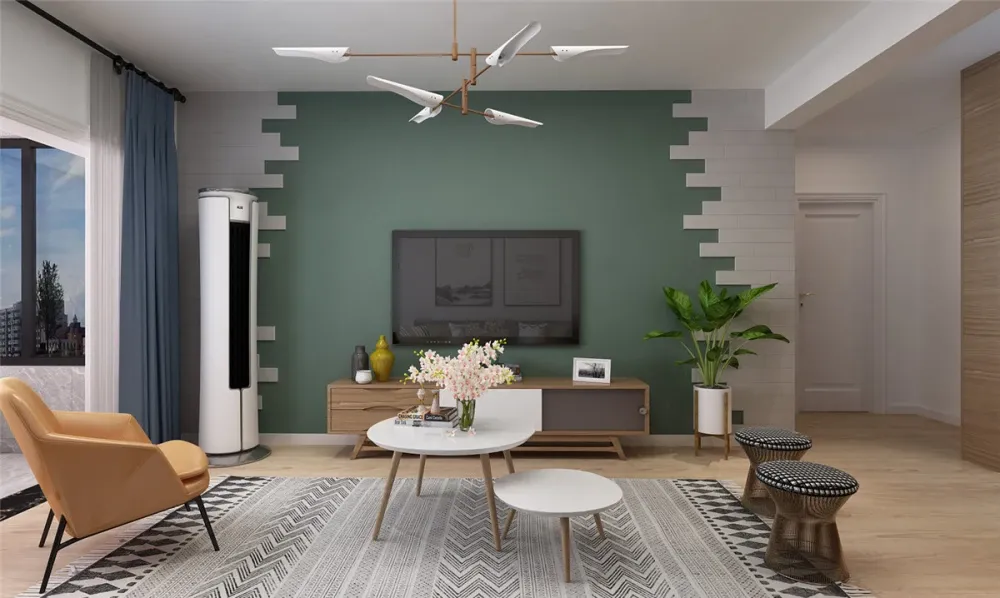 加木饰面点缀空间,客厅电视墙选用墨绿乳胶漆,与其他墙面碰撞无形的