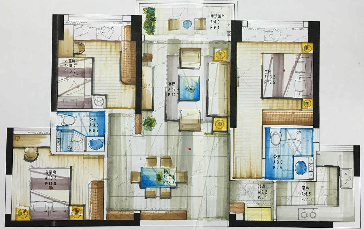 126平米三居室设计说明，12万元装修的现代风格有什么效果？