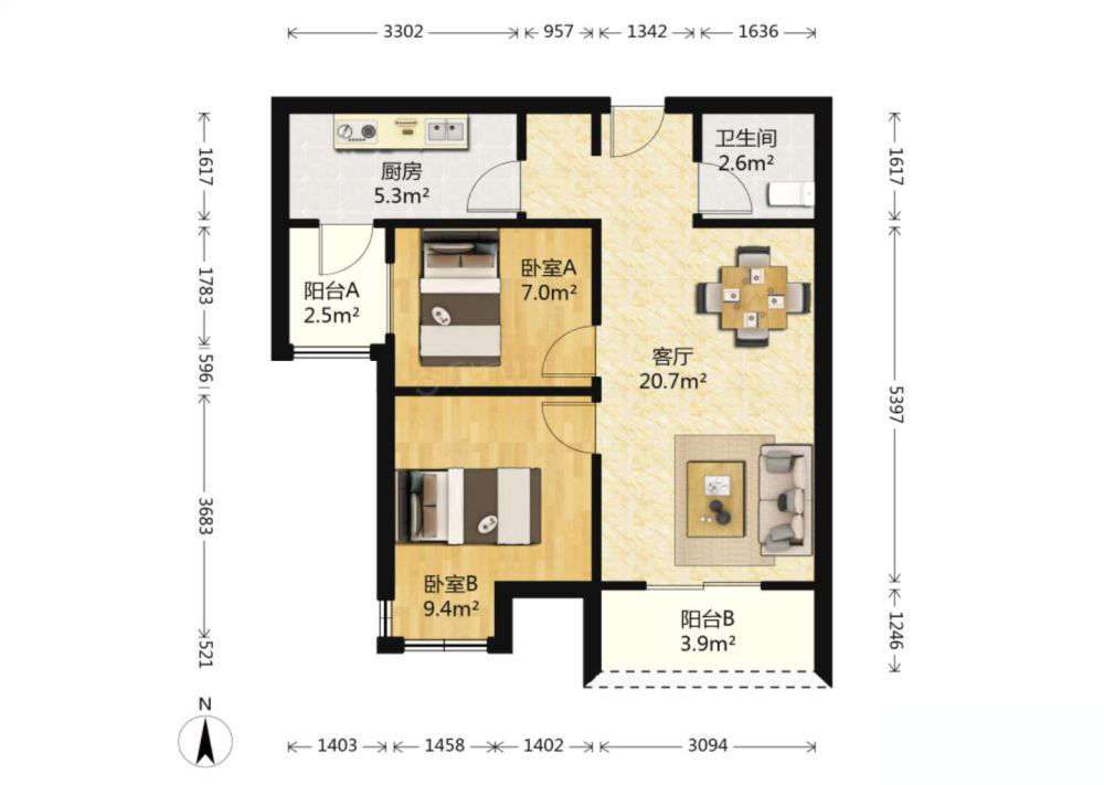 66平米的房子装修多少钱？现代风格二居室设计说明！
