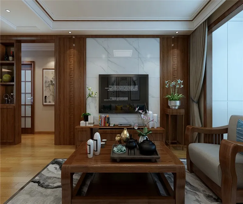 在造型方面背景墙以古墨画背景墙和充满中式风格的壁灯表达出传统文化